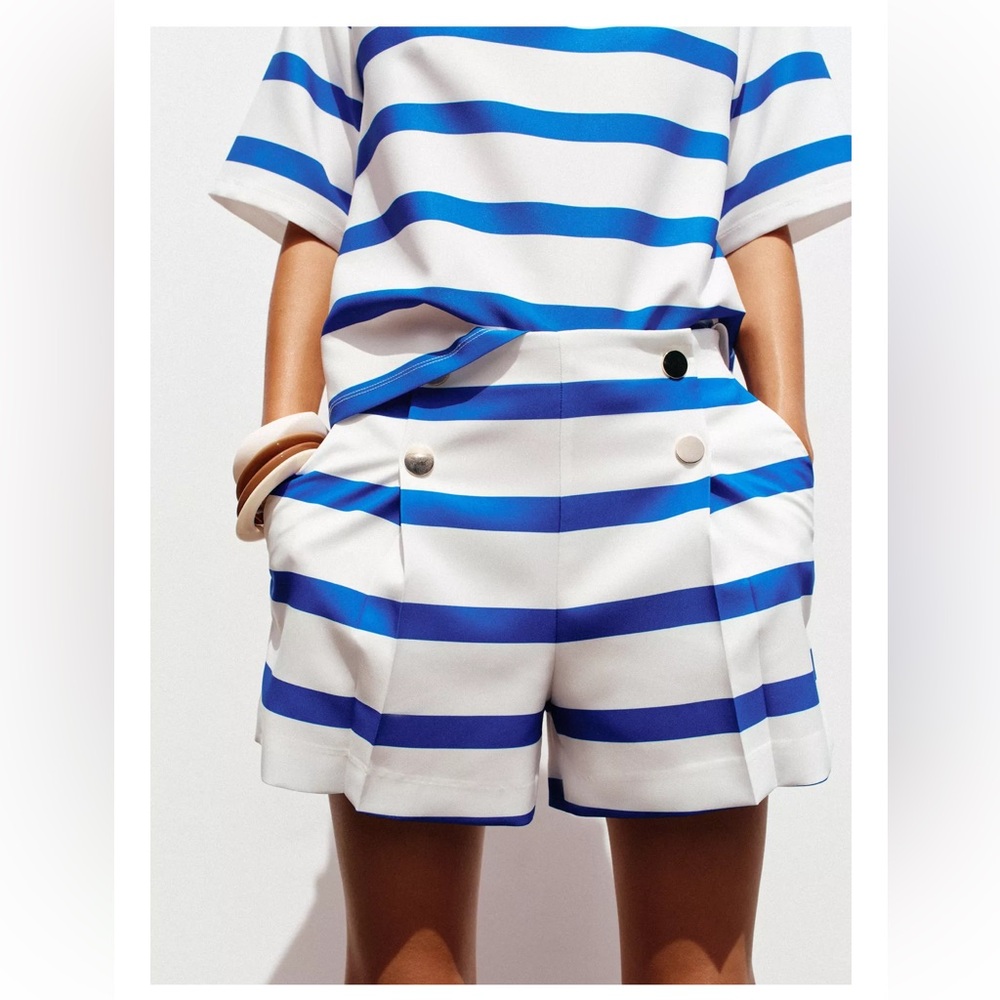 Zara Blue and White Striped Women Shorts - Picture 3 of 5